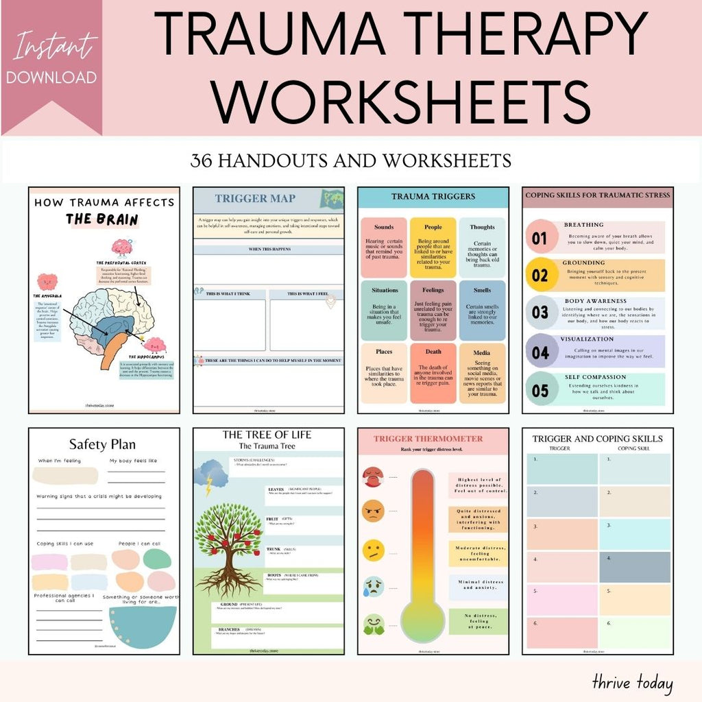 Therapy bundle worksheet sample pages — DBT, CBT and trauma resources