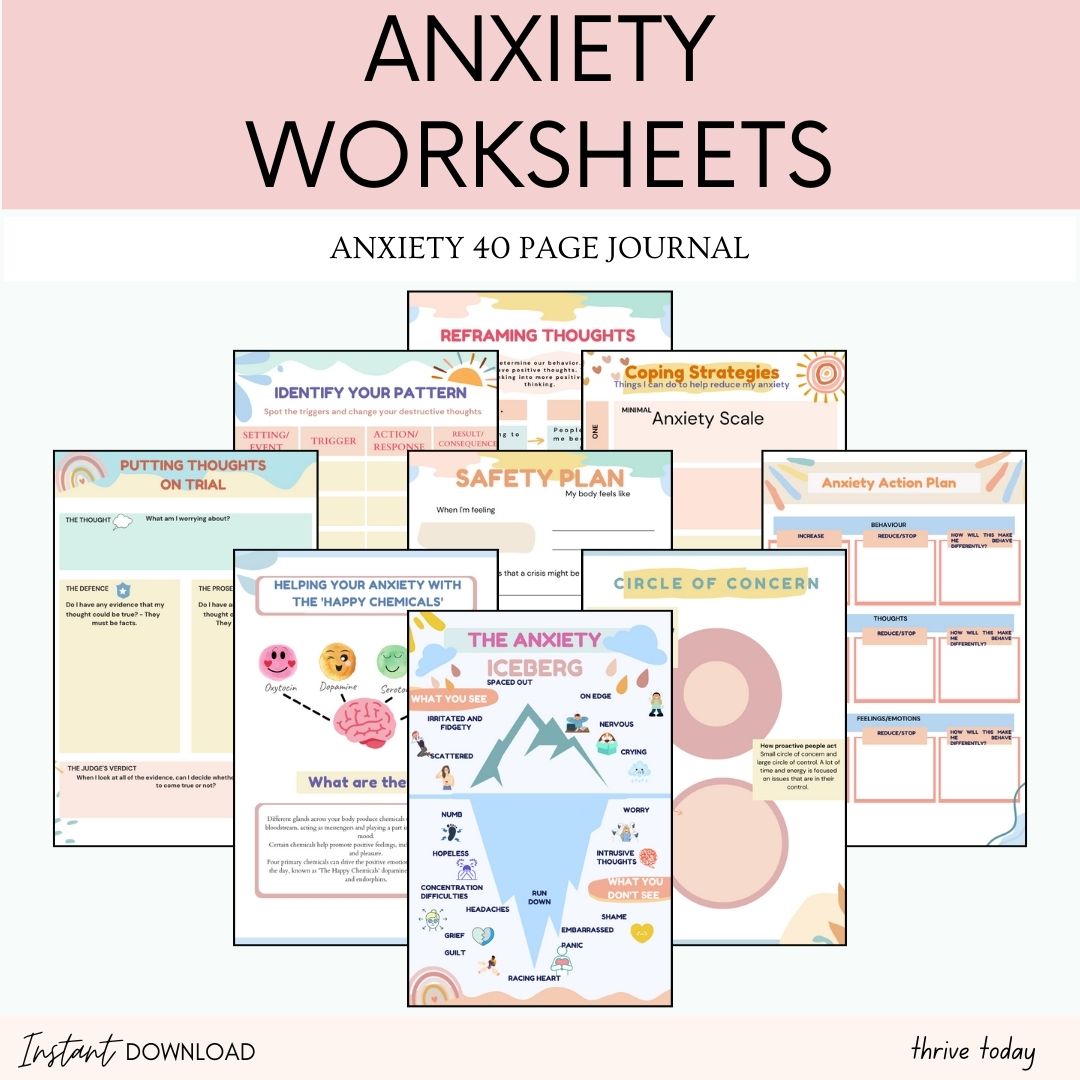 Anxiety therapy worksheet bundle preview — printable and iPad-compatible PDF