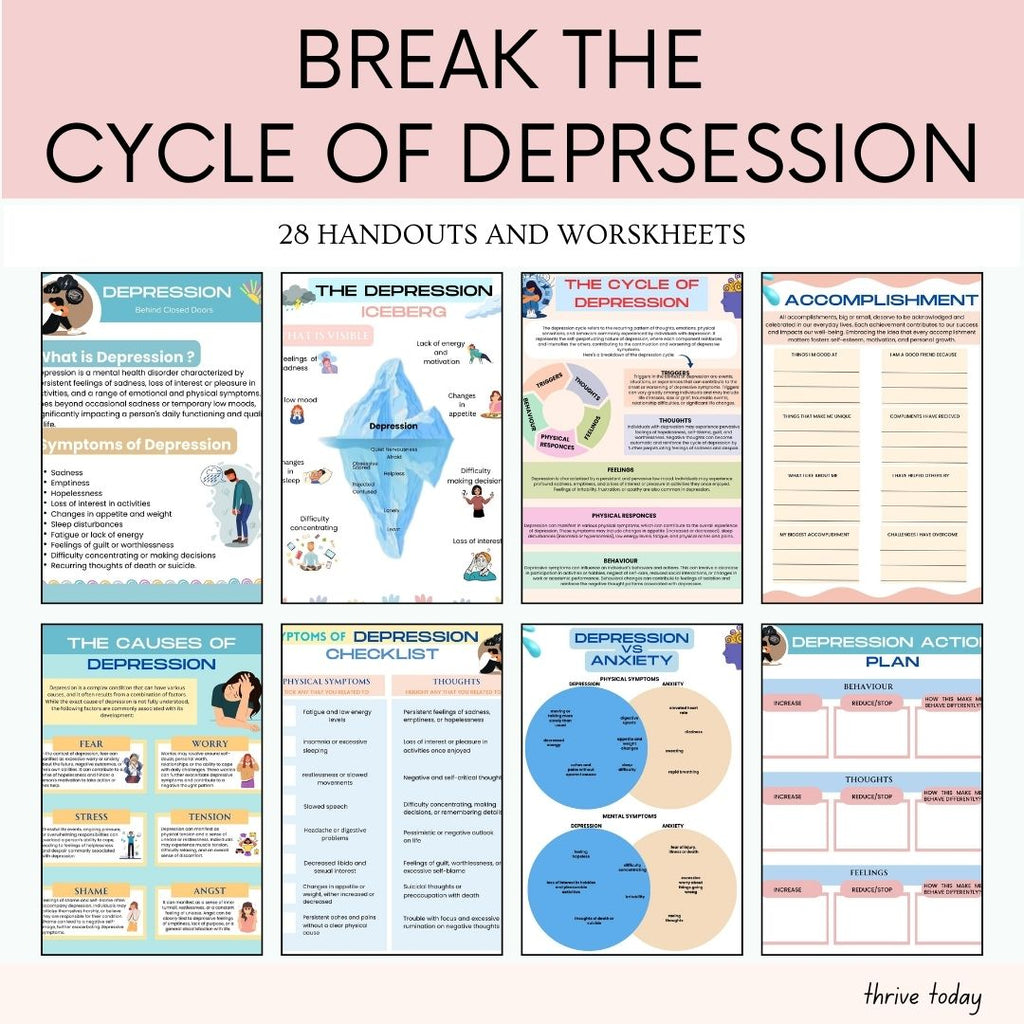 Trauma therapy worksheets — sample pages from the Therapy Mega Bundle