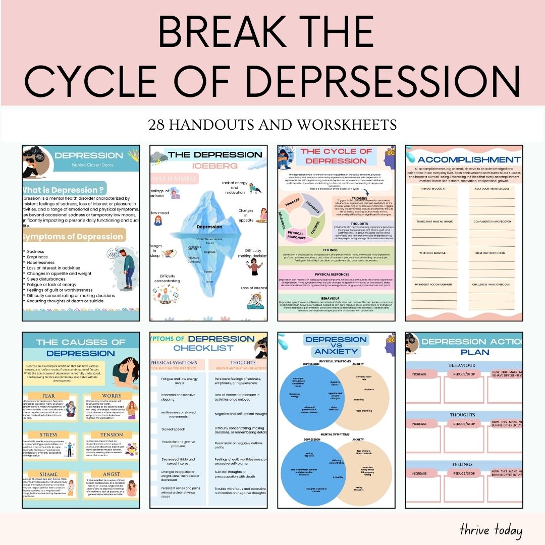 Trauma therapy worksheets — sample pages from the Therapy Mega Bundle